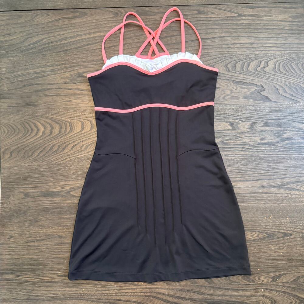 Wimbledon XS Petite Tennis Dress Black Pink Ruffle Built In Bra Strappy Athletic
